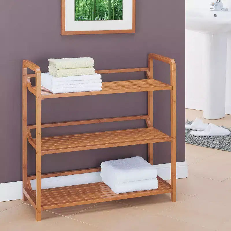 Étagère double large à trois niveaux en bambou marron - Organisez tout : Armoire d'angle en bois composite, Rangement universel