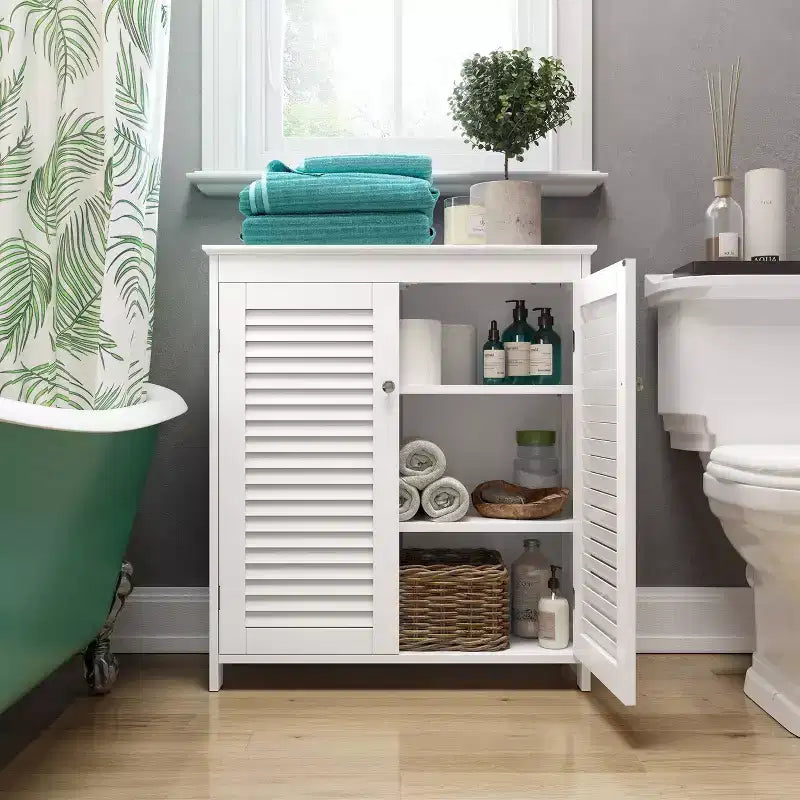Meuble de rangement au sol RiverRidge Ellsworth pour salle de bain et buanderie avec portes et étagères réglables - Blanc