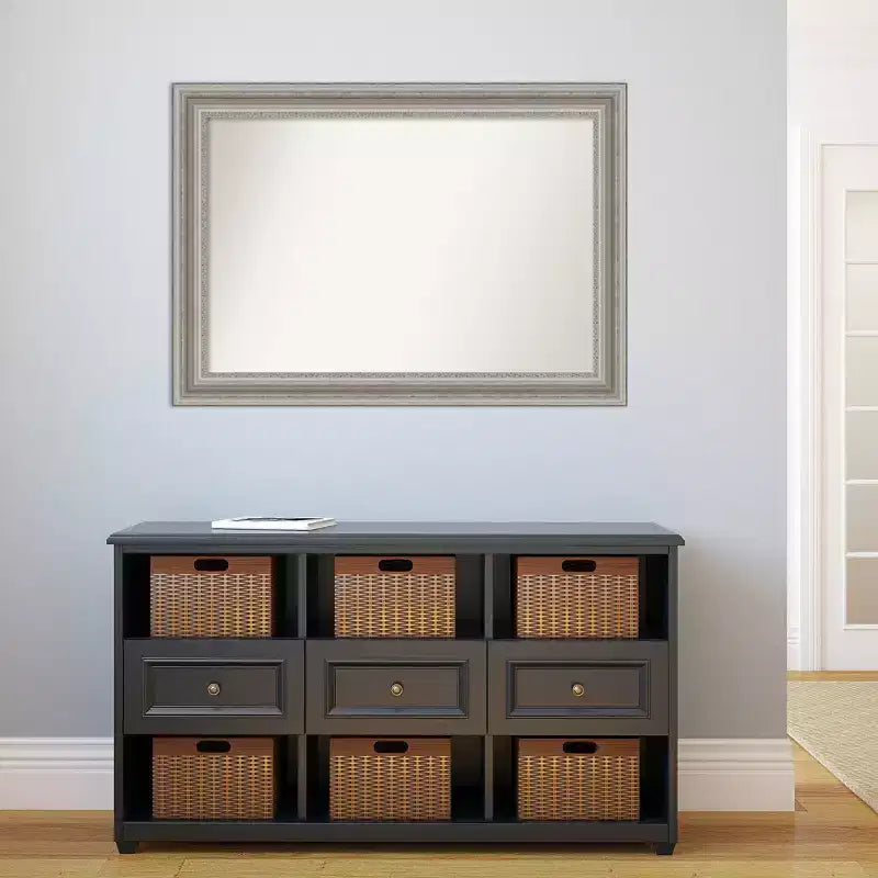 Miroir mural de salle de bain 42" x 30" sans biseau en argent - Amanti Art : Rectangle moderne, cadre en polystyrène