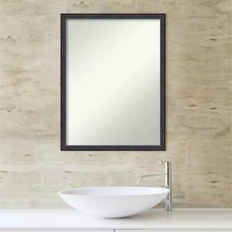 Miroir Mural de Salle de Bain 20" x 26" avec Cadre en Bois Biseauté Bronze Foncé - Amanti Art : Rectangle, Style Moderne, Fixation Murale, Quincaillerie Incluse