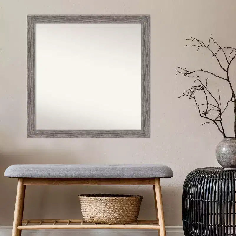 Miroir mural étroit de salle de bain gris rayé sans biseau 30 po x 30 po - Amanti Art : Quincaillerie de montage incluse, cadre en polystyrène
