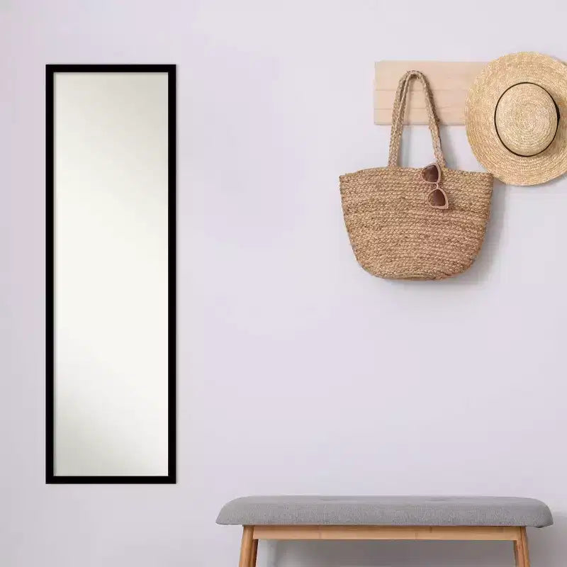 Miroir pleine longueur noir de jais, non biseauté, 16" x 50", à suspendre à la porte - Amanti Art : Fixation murale, cadre en polystyrène, quincaillerie incluse