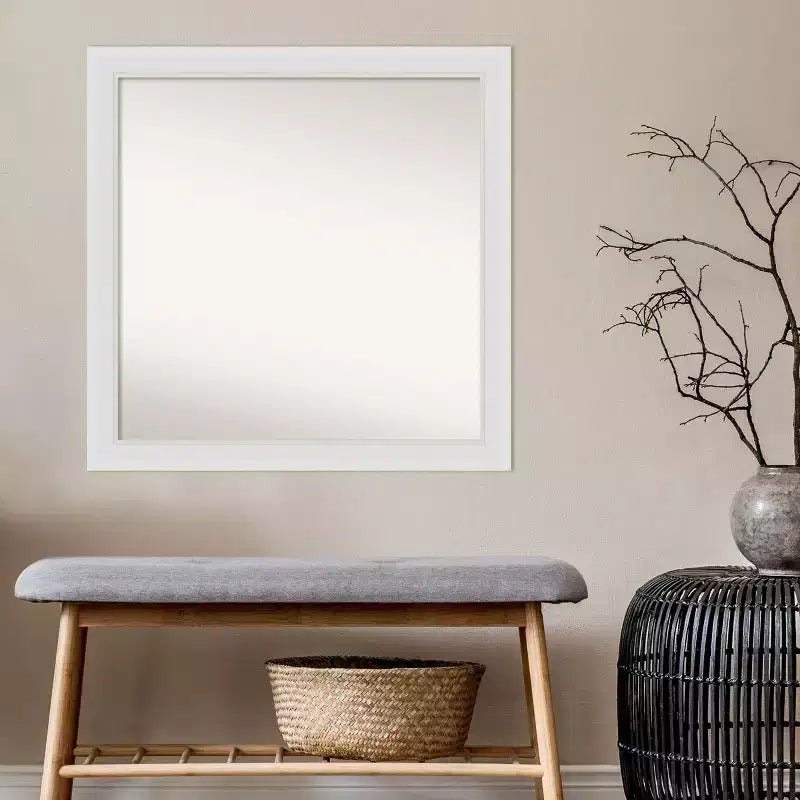 Miroir de salle de bain mural étroit et non biseauté 30" x 30" Flair Blanc doux - Amanti Art : Cadre en polystyrène carré moderne, montage mural