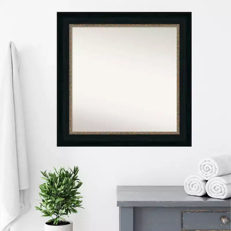 Miroir mural de salle de bain Paragon sans biseau 33" x 33" Bronze - Amanti Art : Coiffeuse carrée moderne, cadre en polystyrène, montage mural