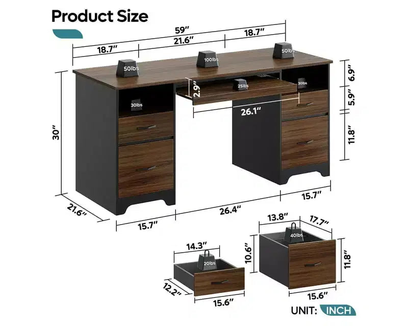 Bestier 59 Bureau d'ordinateur avec 4 tiroirs, Bureau de direction avec tiroir de classement, Tablette coulissante pour clavier pour bureau à domicile
