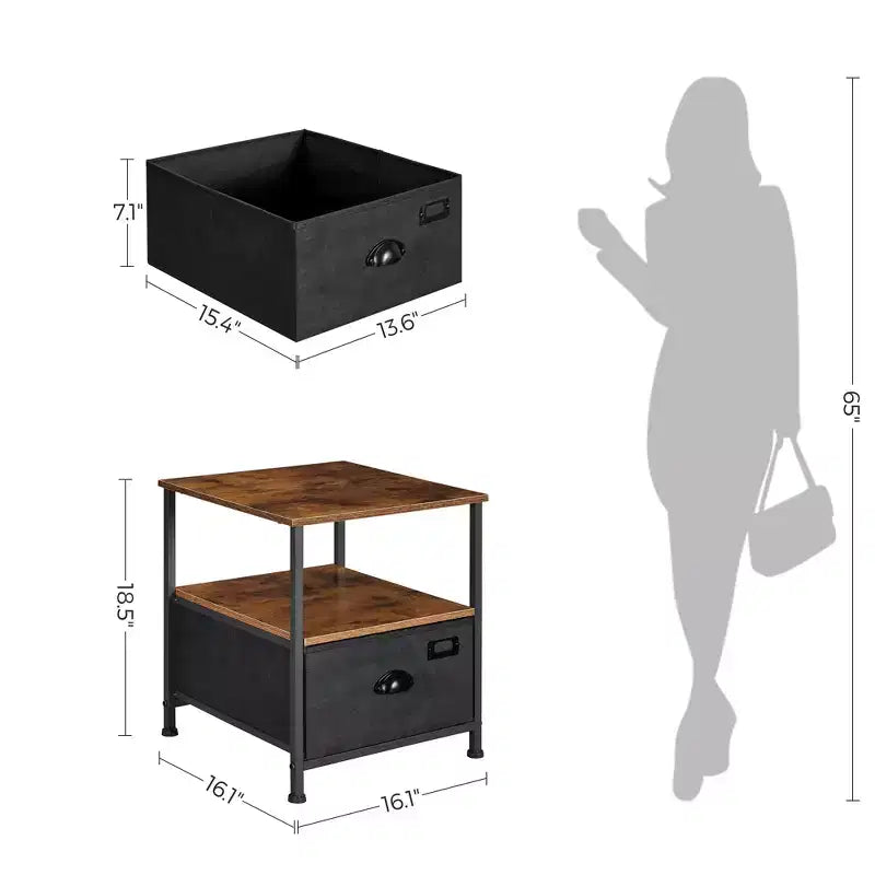 Table de chevet, Table d'appoint 3 tiroirs, 2 étagères, Commode en tissu, Table d'appoint industrielle, pour couloir, placard, marron rustique et noir
