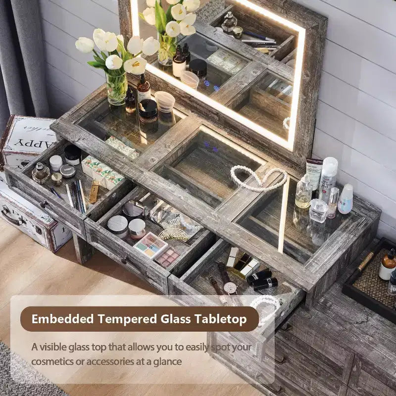 69 coiffeuses avec plateau en verre et miroir LED, table de maquillage style ferme avec 9 tiroirs, coiffeuse rustique pour chambre à coucher