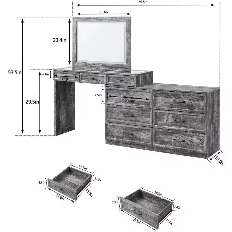 69 coiffeuses avec plateau en verre et miroir LED, table de maquillage style ferme avec 9 tiroirs, coiffeuse rustique pour chambre à coucher