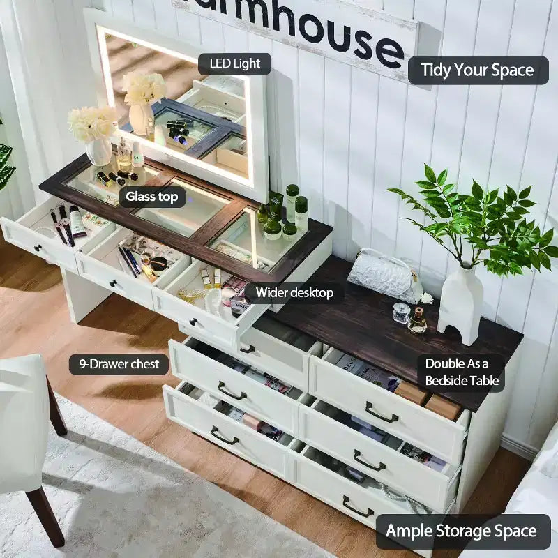 69 coiffeuses avec plateau en verre et miroir LED, table de maquillage style ferme avec 9 tiroirs, coiffeuse rustique pour chambre à coucher