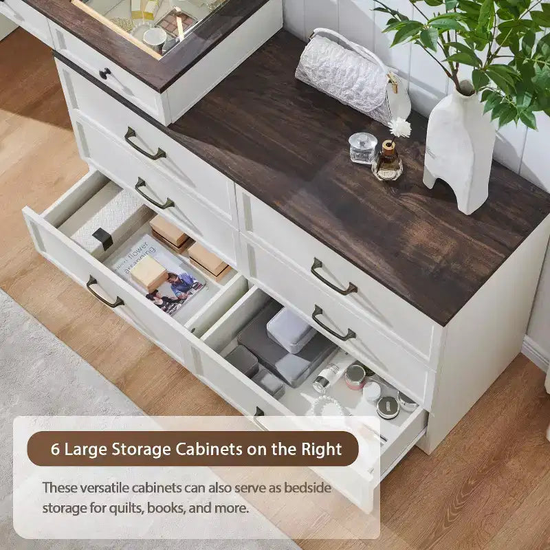 69 coiffeuses avec plateau en verre et miroir LED, table de maquillage style ferme avec 9 tiroirs, coiffeuse rustique pour chambre à coucher
