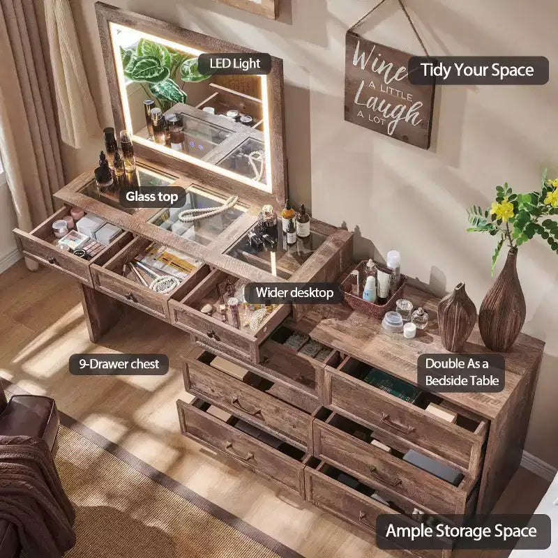 69 coiffeuses avec plateau en verre et miroir LED, table de maquillage style ferme avec 9 tiroirs, coiffeuse rustique pour chambre à coucher