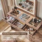 69 coiffeuses avec plateau en verre et miroir LED, table de maquillage style ferme avec 9 tiroirs, coiffeuse rustique pour chambre à coucher