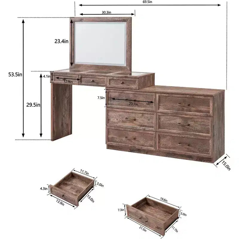 69 coiffeuses avec plateau en verre et miroir LED, table de maquillage style ferme avec 9 tiroirs, coiffeuse rustique pour chambre à coucher