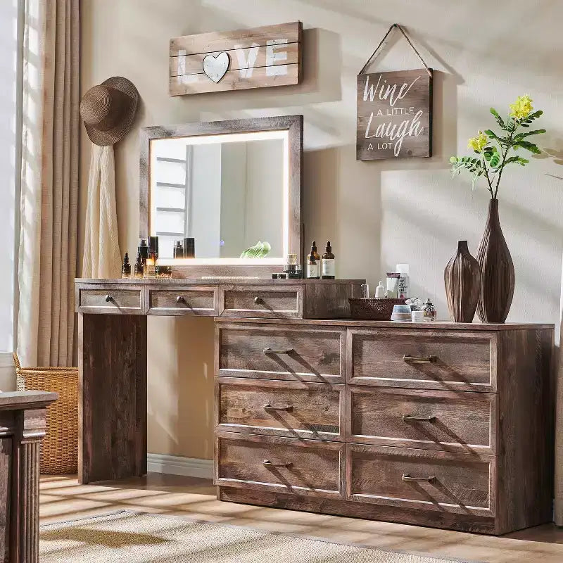 69 coiffeuses avec plateau en verre et miroir LED, table de maquillage style ferme avec 9 tiroirs, coiffeuse rustique pour chambre à coucher