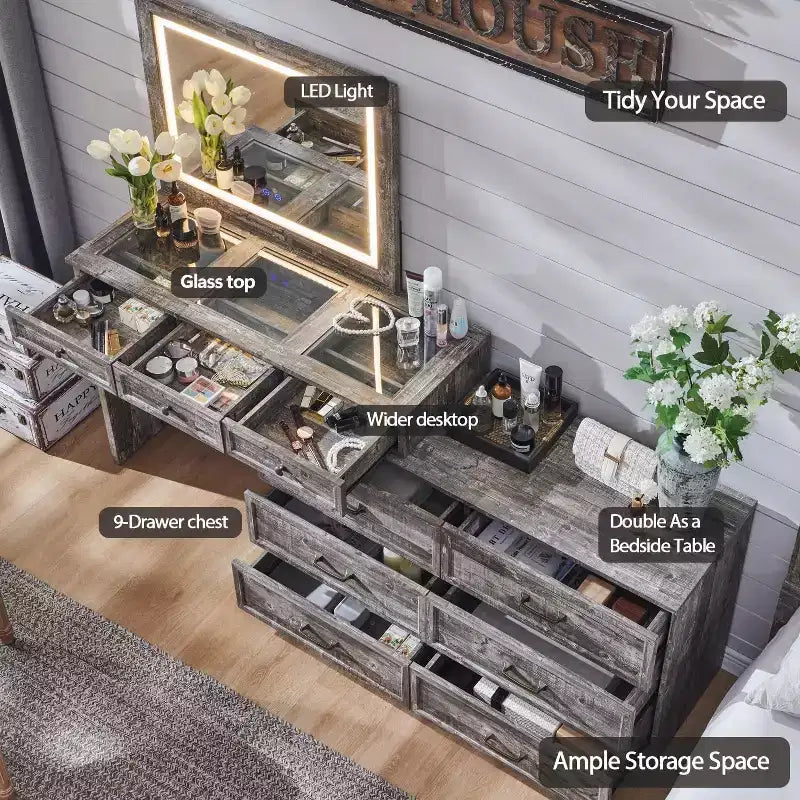69 coiffeuses avec plateau en verre et miroir LED, table de maquillage style ferme avec 9 tiroirs, coiffeuse rustique pour chambre à coucher