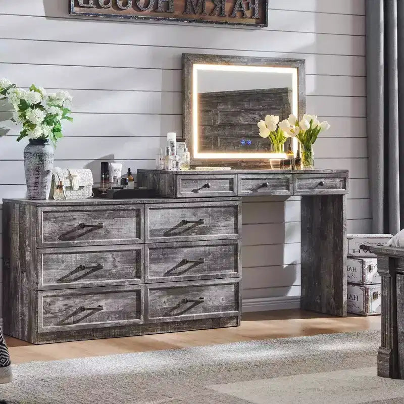 69 coiffeuses avec plateau en verre et miroir LED, table de maquillage style ferme avec 9 tiroirs, coiffeuse rustique pour chambre à coucher