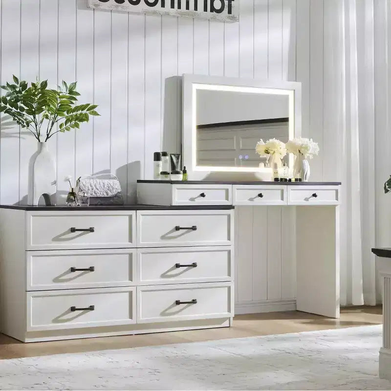 69 coiffeuses avec plateau en verre et miroir LED, table de maquillage style ferme avec 9 tiroirs, coiffeuse rustique pour chambre à coucher