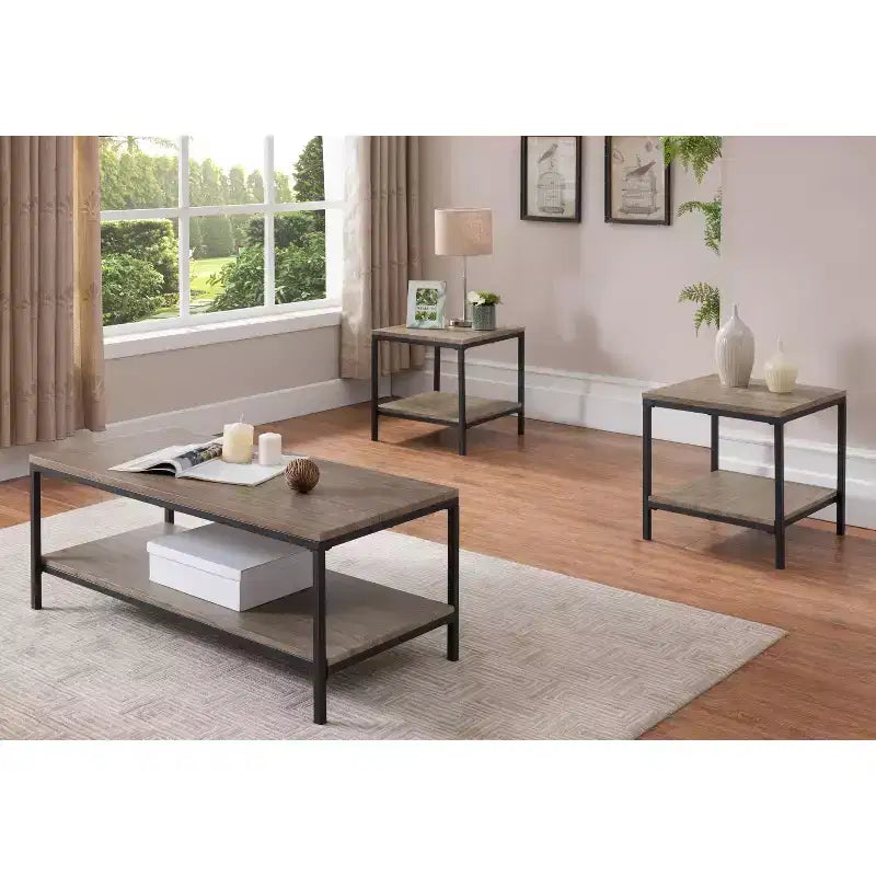Kings Brand Furniture Helder 3 Piece Gray Finish Wood/Black Metal Frame Occasional Table Set, Coffee Table & 2 End Table