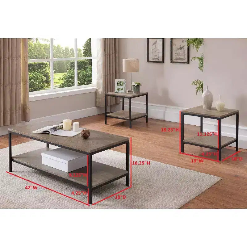 Kings Brand Furniture Helder - Ensemble de 3 tables d'appoint avec finition bois gris/structure en métal noir, table basse et 2 tables d'appoint