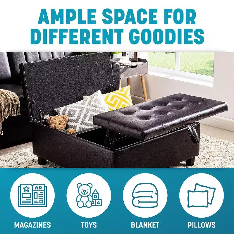 Home Imports Emporium Ottoman coffre relevable capitonné en similicuir, grand carré, table basse de rangement, repose-pieds et organisateur de jouets