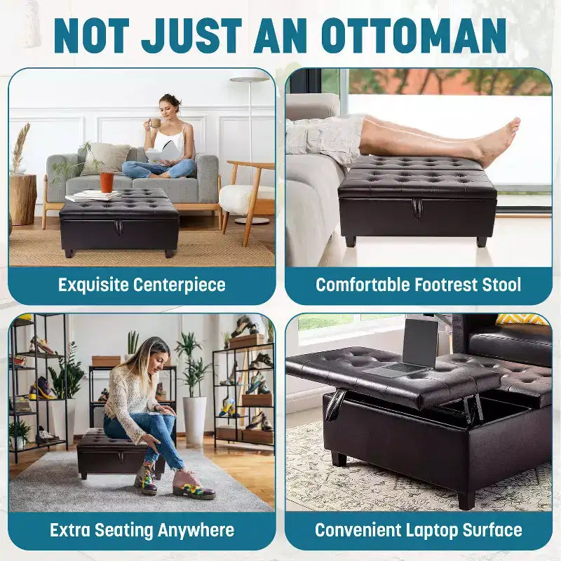 Home Imports Emporium Ottoman coffre relevable capitonné en similicuir, grand carré, table basse de rangement, repose-pieds et organisateur de jouets