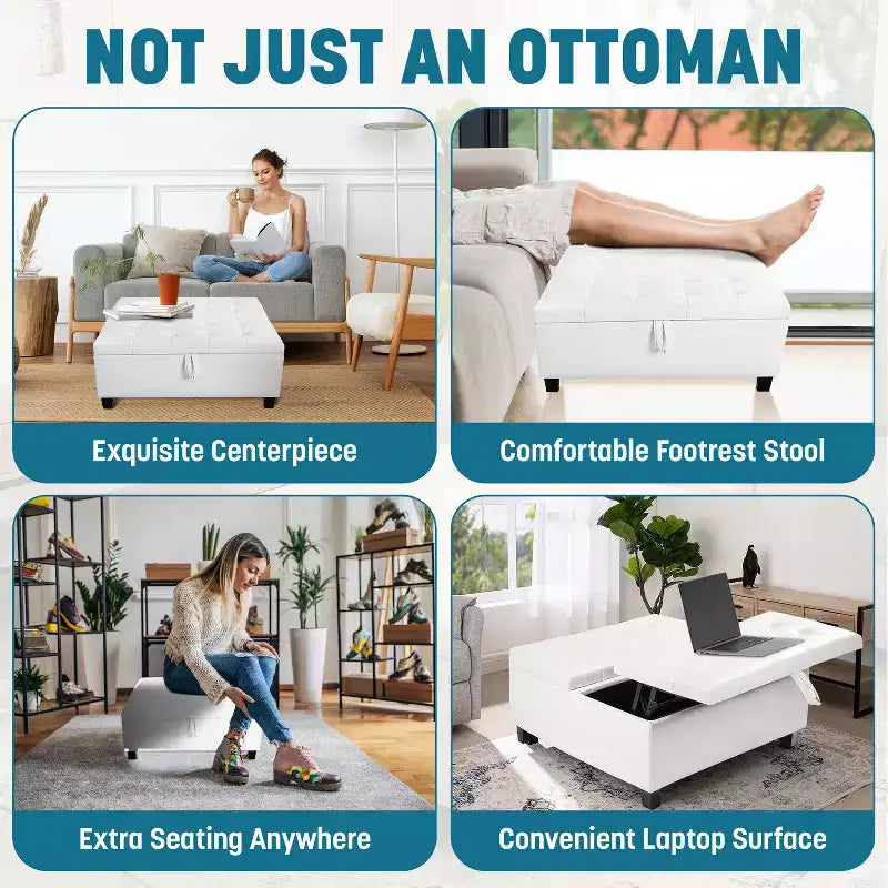 Home Imports Emporium Ottoman coffre relevable capitonné en similicuir, grand carré, table basse de rangement, repose-pieds et organisateur de jouets