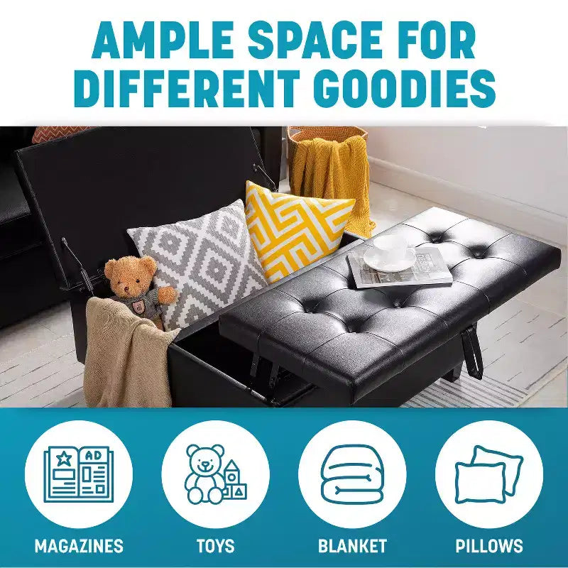 Home Imports Emporium Ottoman coffre relevable capitonné en similicuir, grand carré, table basse de rangement, repose-pieds et organisateur de jouets