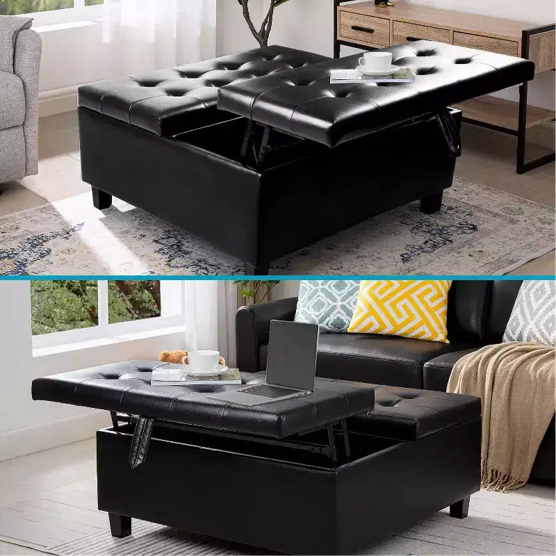 Home Imports Emporium Ottoman coffre relevable capitonné en similicuir, grand carré, table basse de rangement, repose-pieds et organisateur de jouets