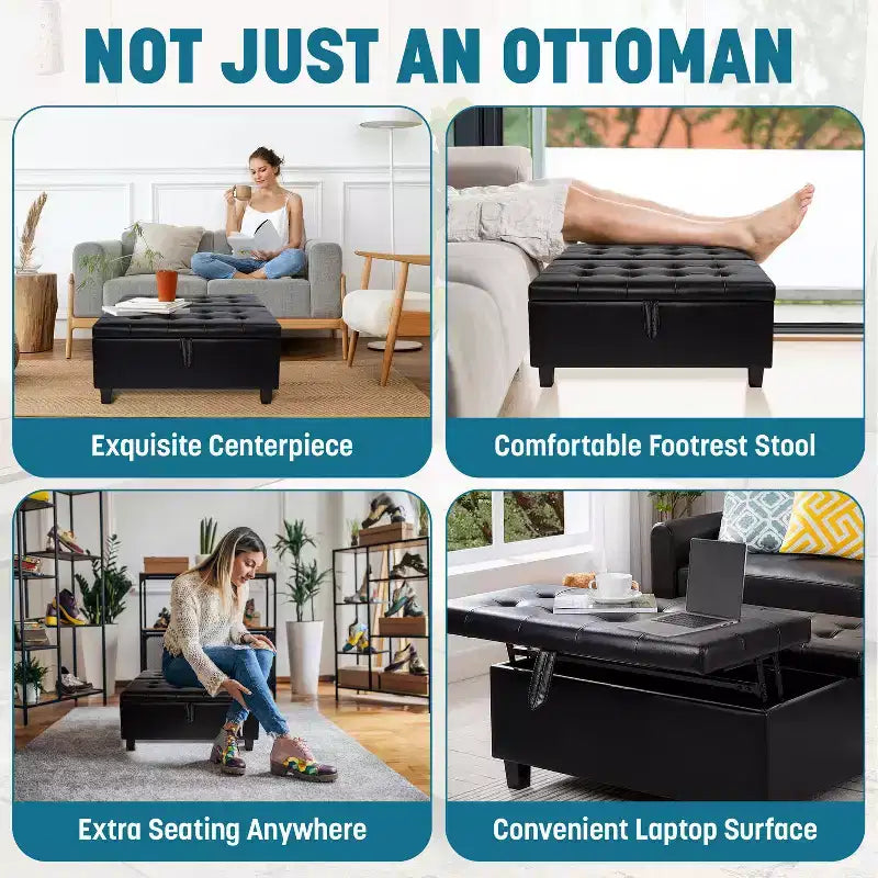 Home Imports Emporium Ottoman coffre relevable capitonné en similicuir, grand carré, table basse de rangement, repose-pieds et organisateur de jouets