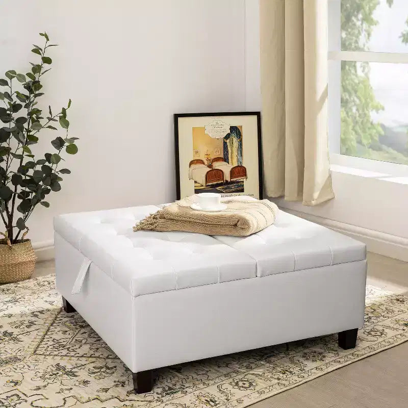 Home Imports Emporium Ottoman coffre relevable capitonné en similicuir, grand carré, table basse de rangement, repose-pieds et organisateur de jouets