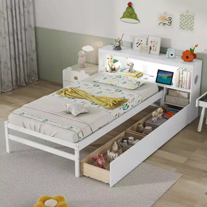 Cadre de lit double Costway avec lumière LED et tête de lit bibliothèque avec prises électriques et tiroirs Blanc/Gris