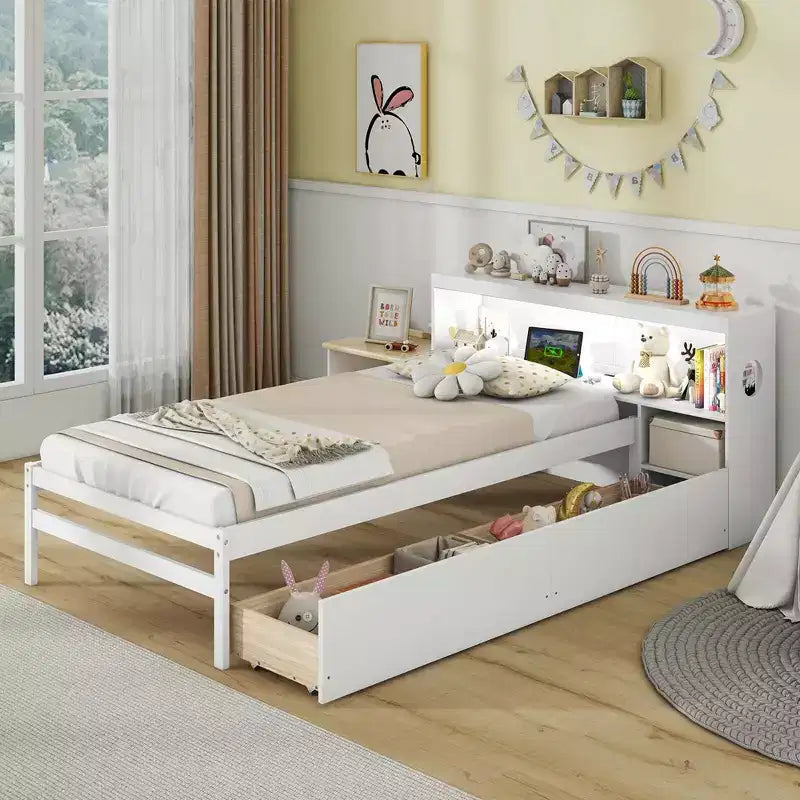 Cadre de lit double Costway avec lumière LED et tête de lit bibliothèque avec prises électriques et tiroirs Blanc/Gris