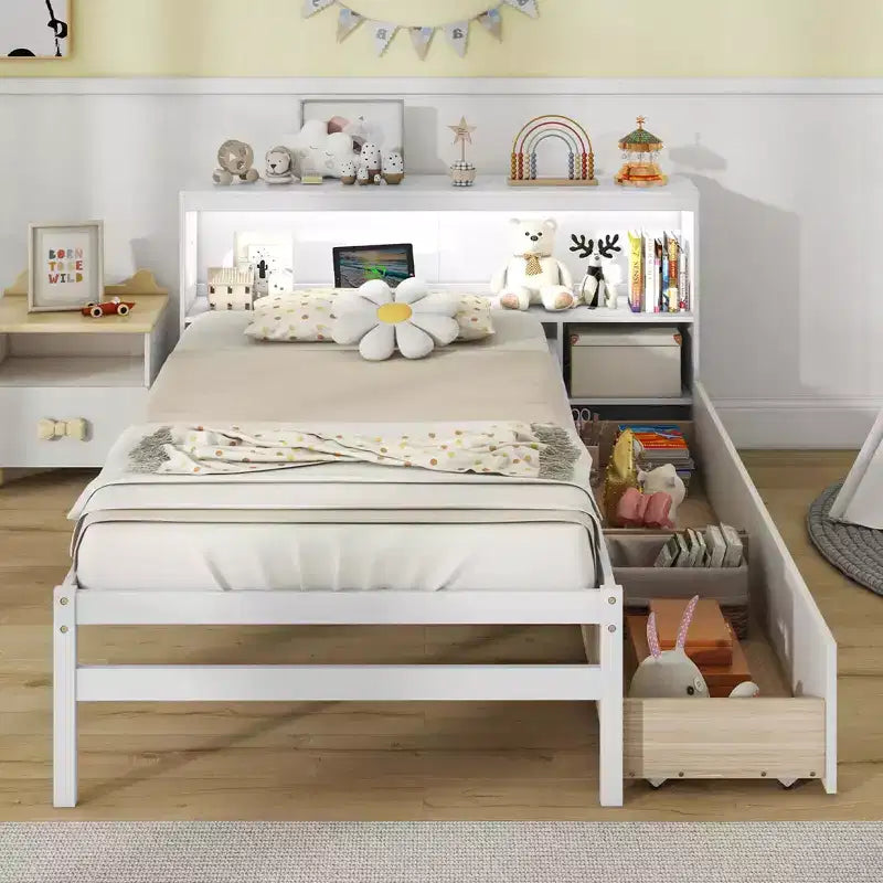 Cadre de lit double Costway avec lumière LED et tête de lit bibliothèque avec prises électriques et tiroirs Blanc/Gris