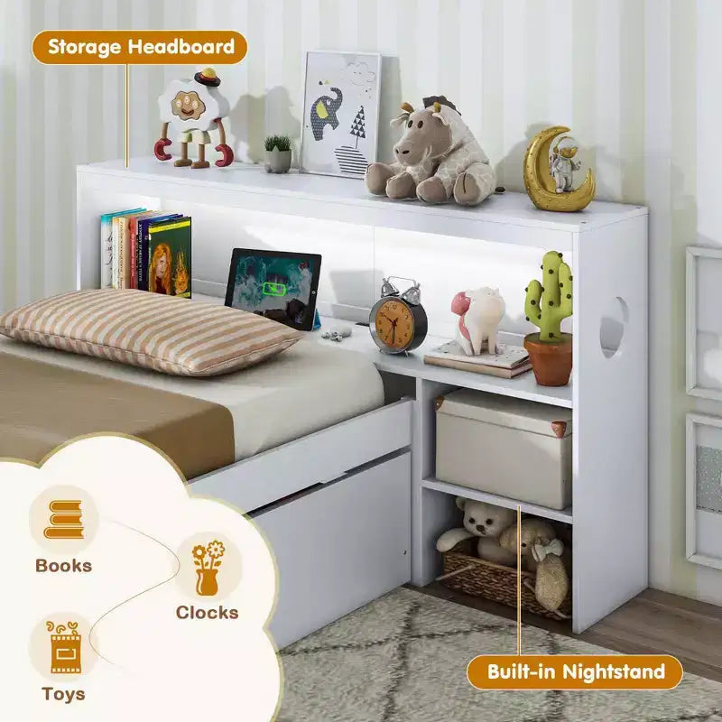 Cadre de lit double Costway avec lumière LED et tête de lit bibliothèque avec prises électriques et tiroirs Blanc/Gris