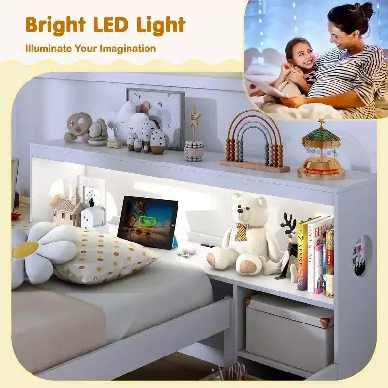 Cadre de lit double Costway avec lumière LED et tête de lit bibliothèque avec prises électriques et tiroirs Blanc/Gris