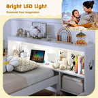 Cadre de lit double Costway avec lumière LED et tête de lit bibliothèque avec prises électriques et tiroirs Blanc/Gris