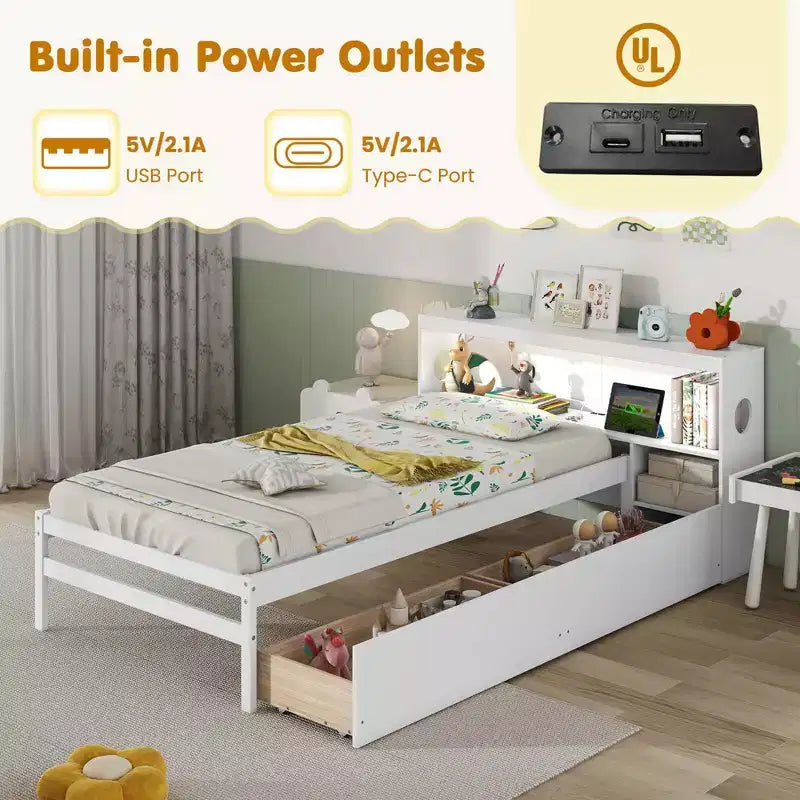 Cadre de lit double Costway avec lumière LED et tête de lit bibliothèque avec prises électriques et tiroirs Blanc/Gris