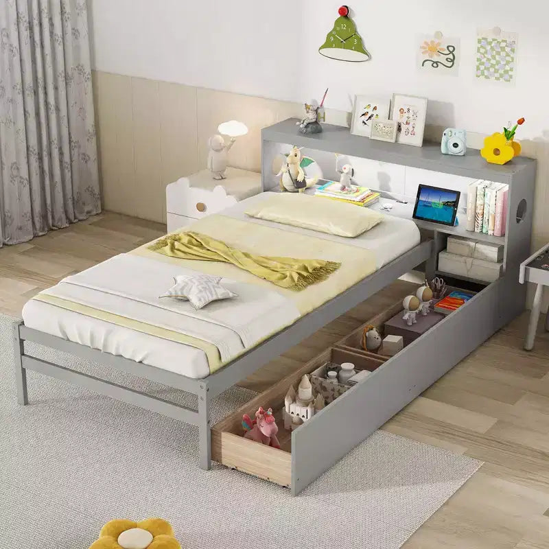 Cadre de lit double Costway avec lumière LED et tête de lit bibliothèque avec prises électriques et tiroirs Blanc/Gris