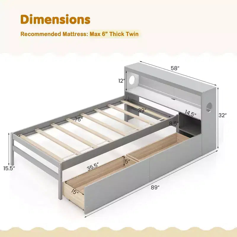 Cadre de lit double Costway avec lumière LED et tête de lit bibliothèque avec prises électriques et tiroirs Blanc/Gris