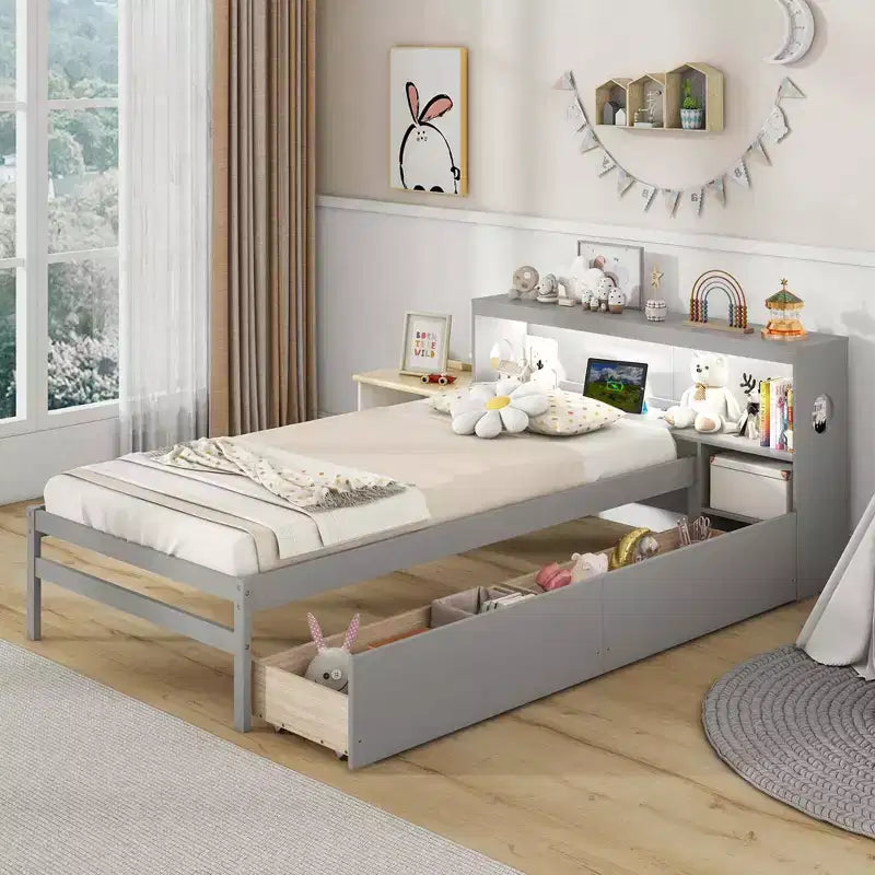 Cadre de lit double Costway avec lumière LED et tête de lit bibliothèque avec prises électriques et tiroirs Blanc/Gris