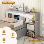 Cadre de lit double Costway avec lumière LED et tête de lit bibliothèque avec prises électriques et tiroirs Blanc/Gris