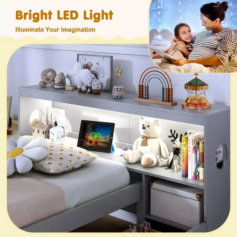 Cadre de lit double Costway avec lumière LED et tête de lit bibliothèque avec prises électriques et tiroirs Blanc/Gris