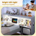 Cadre de lit double Costway avec lumière LED et tête de lit bibliothèque avec prises électriques et tiroirs Blanc/Gris