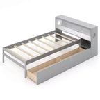 Costway Twin Size Bed Frame with LED Light & Power Outlet Bookcase Headboard Drawers White/Gray