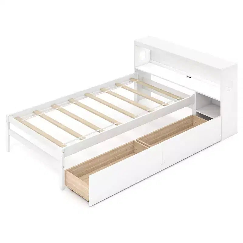 Cadre de lit double Costway avec lumière LED et tête de lit bibliothèque avec prises électriques et tiroirs Blanc/Gris