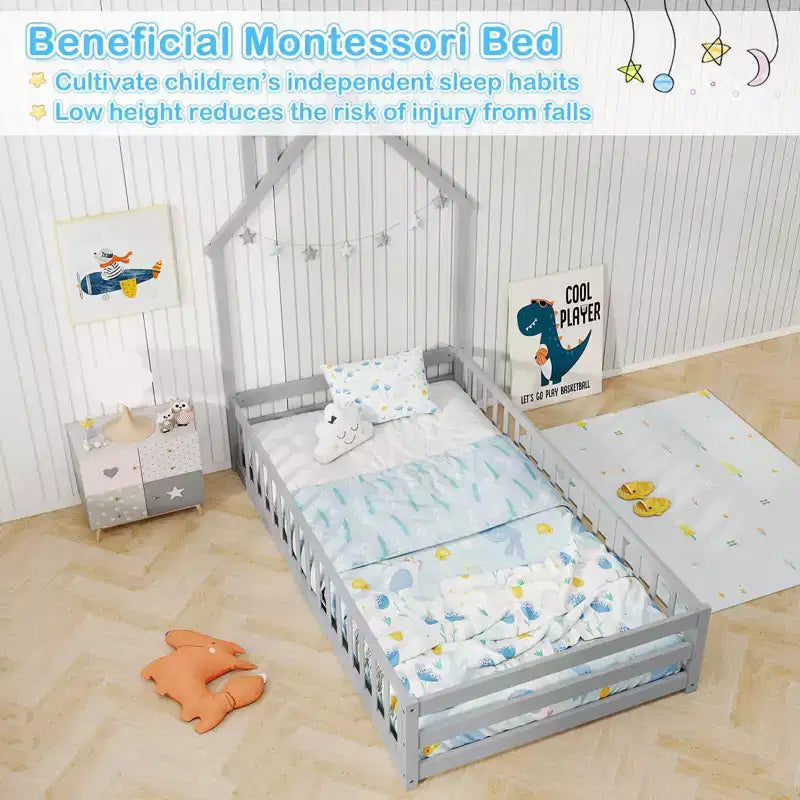 Lit au sol Montessori une place Costway pour tout-petit avec porte verrouillable, garde-corps pleine longueur gris/blanc