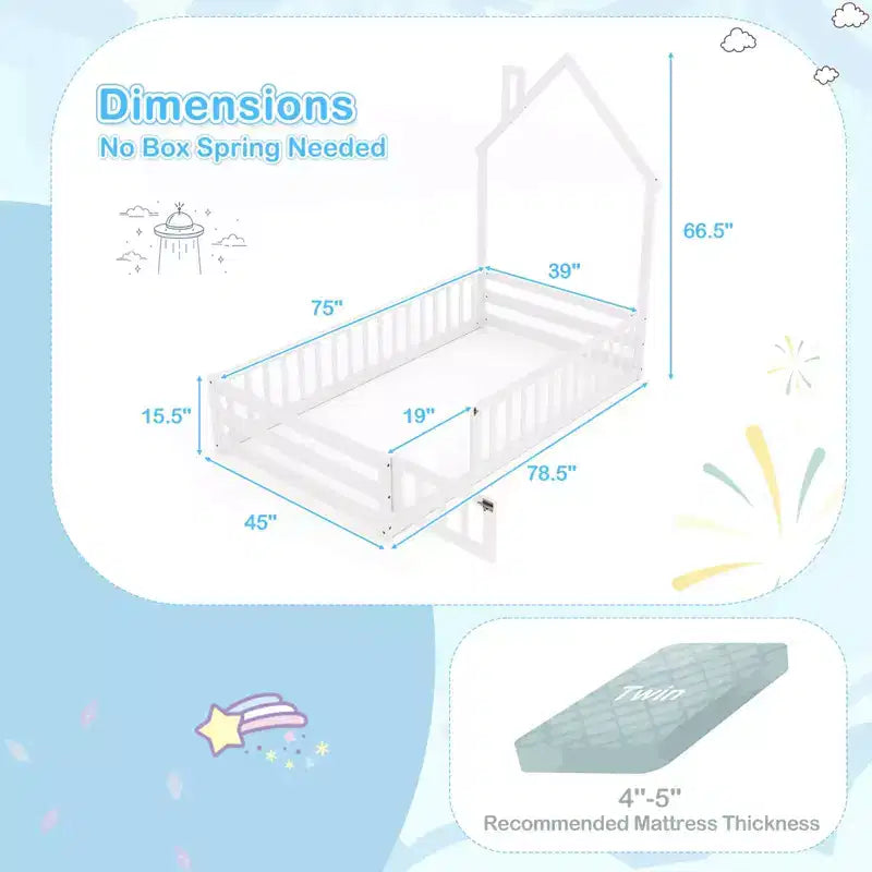 Lit au sol Montessori une place Costway pour tout-petit avec porte verrouillable, garde-corps pleine longueur gris/blanc