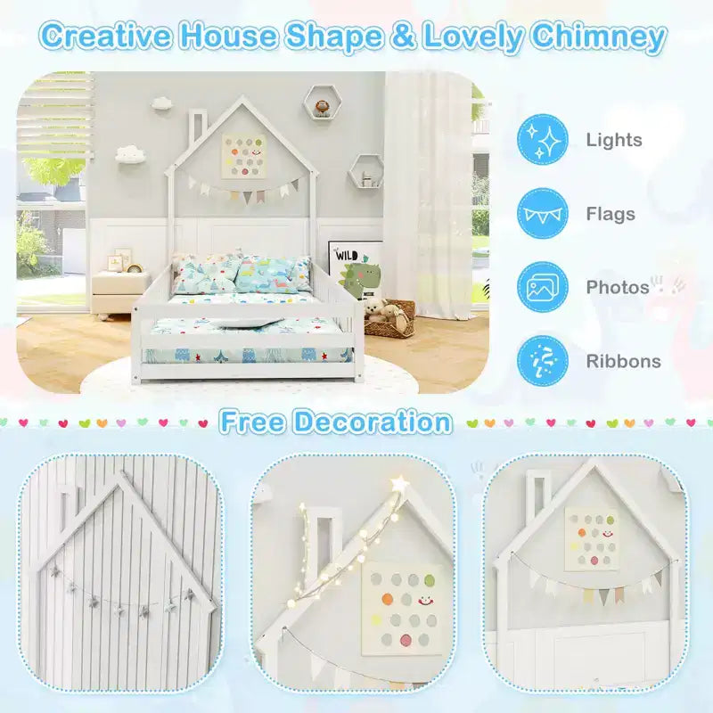 Lit au sol Montessori une place Costway pour tout-petit avec porte verrouillable, garde-corps pleine longueur gris/blanc