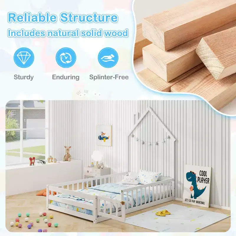Lit au sol Montessori une place Costway pour tout-petit avec porte verrouillable, garde-corps pleine longueur gris/blanc