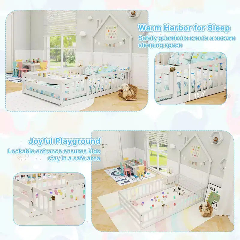 Lit au sol Montessori une place Costway pour tout-petit avec porte verrouillable, garde-corps pleine longueur gris/blanc